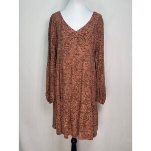 Lucky Brand Burnt Orange Paisley Tiered Midi Dress Long Sleeve Boho Chic Size M